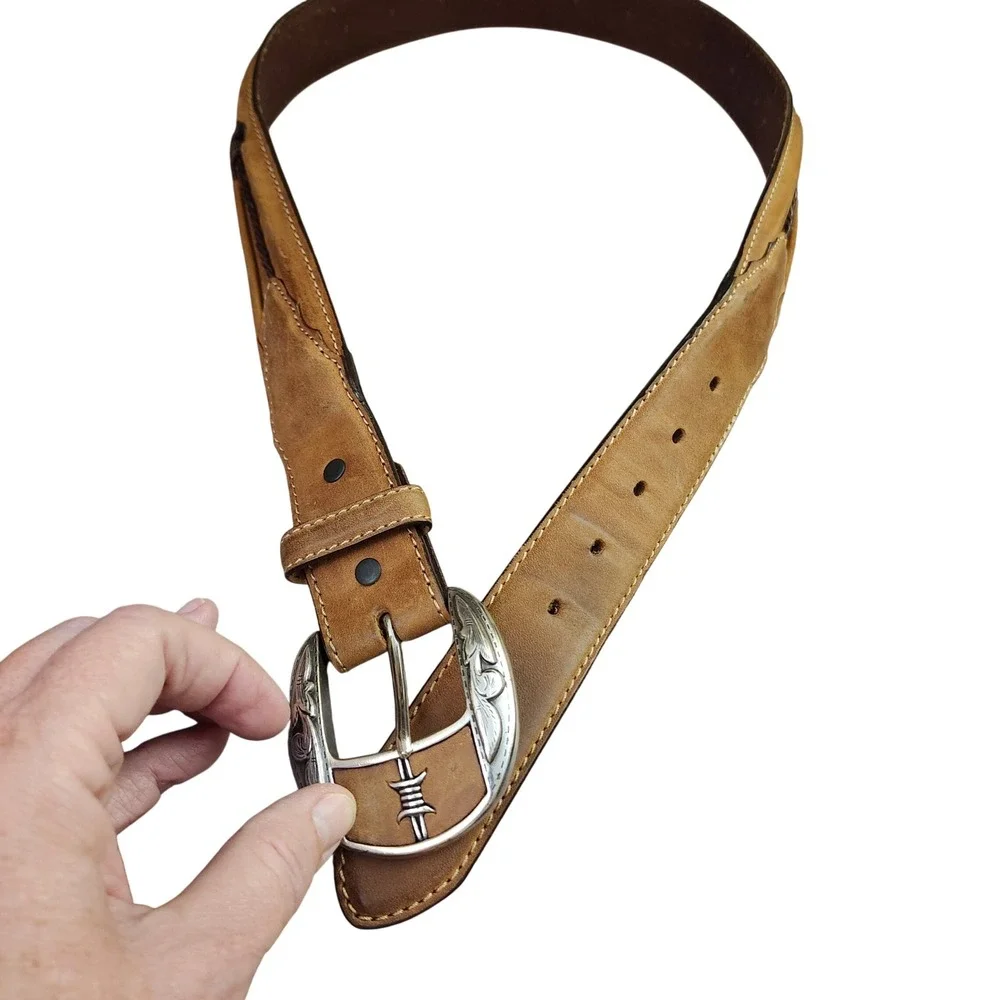 Justin Fenced In Mens 34 Leather Barbed Wire Western Belt C10817 Silver Buckle